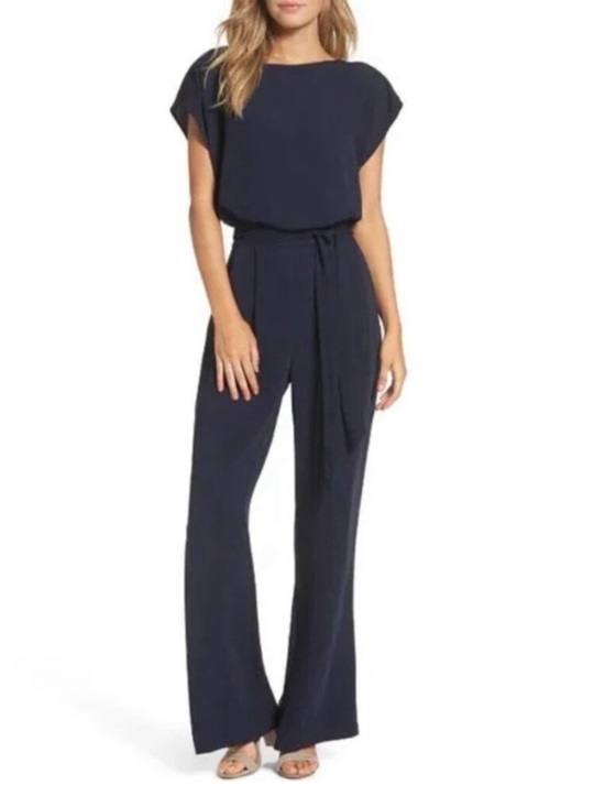 Eliza J Pants - Eliza J navy blue cap sleeve belted jumpsuit size 8